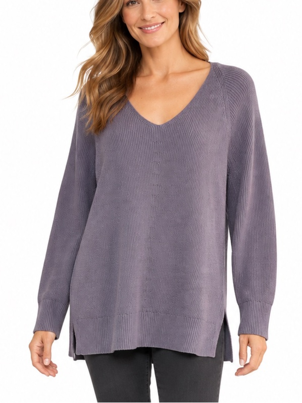 Athleta Hanover S Muted Purple Ribbed Knit Sweater V-Neck Ranglan Sleeve NEW